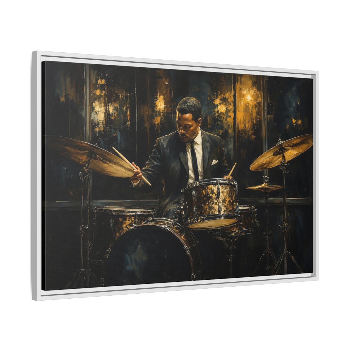 Side Mockup 9. Midnight Jazz Drummer shown as framed canvas print