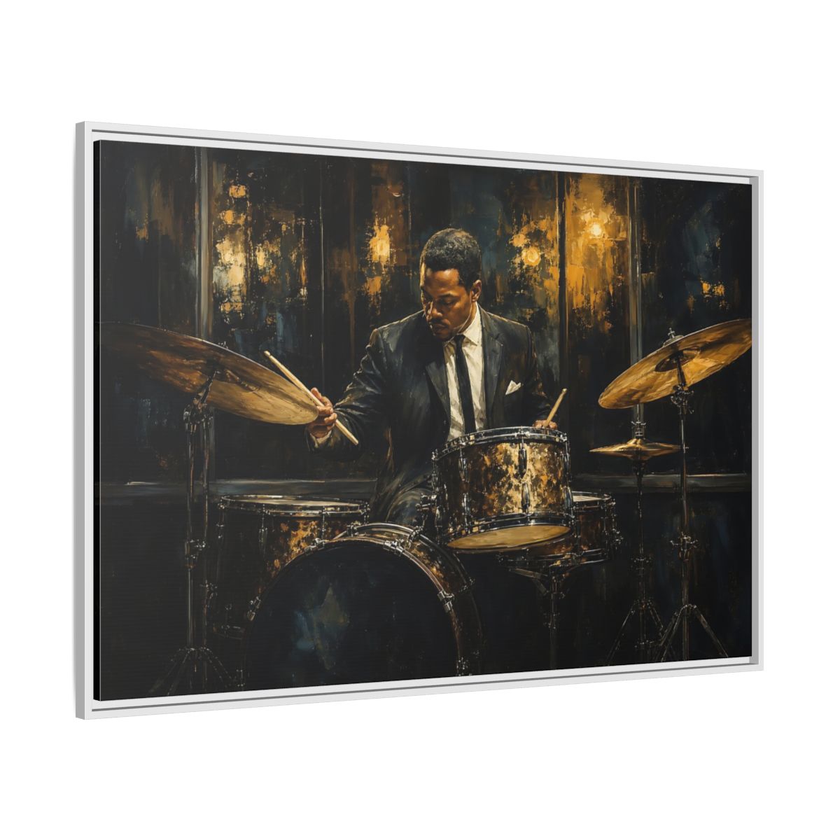 Side Mockup 7. Midnight Jazz Drummer shown as framed canvas print