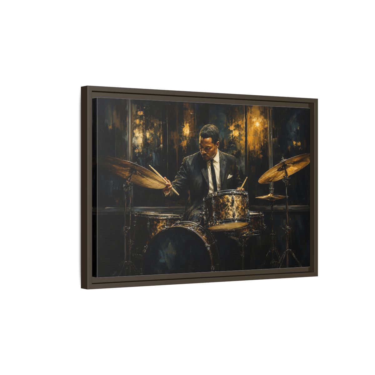 Side Mockup 2. Midnight Jazz Drummer shown as framed canvas print
