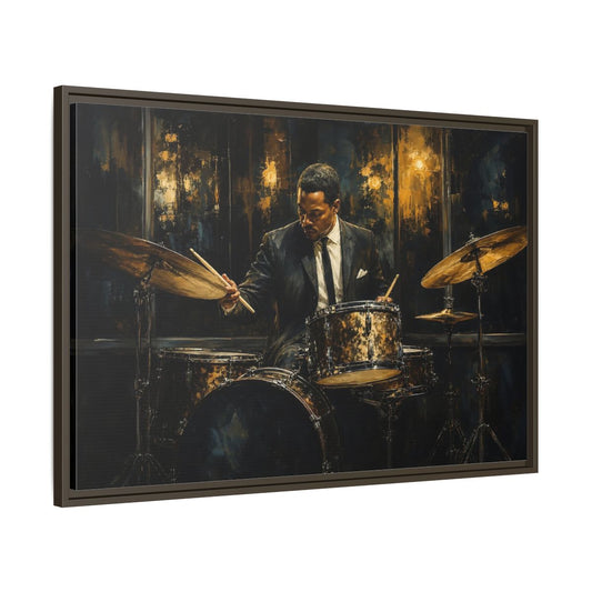 Main Mockup. Midnight Jazz Drummer shown as framed canvas print