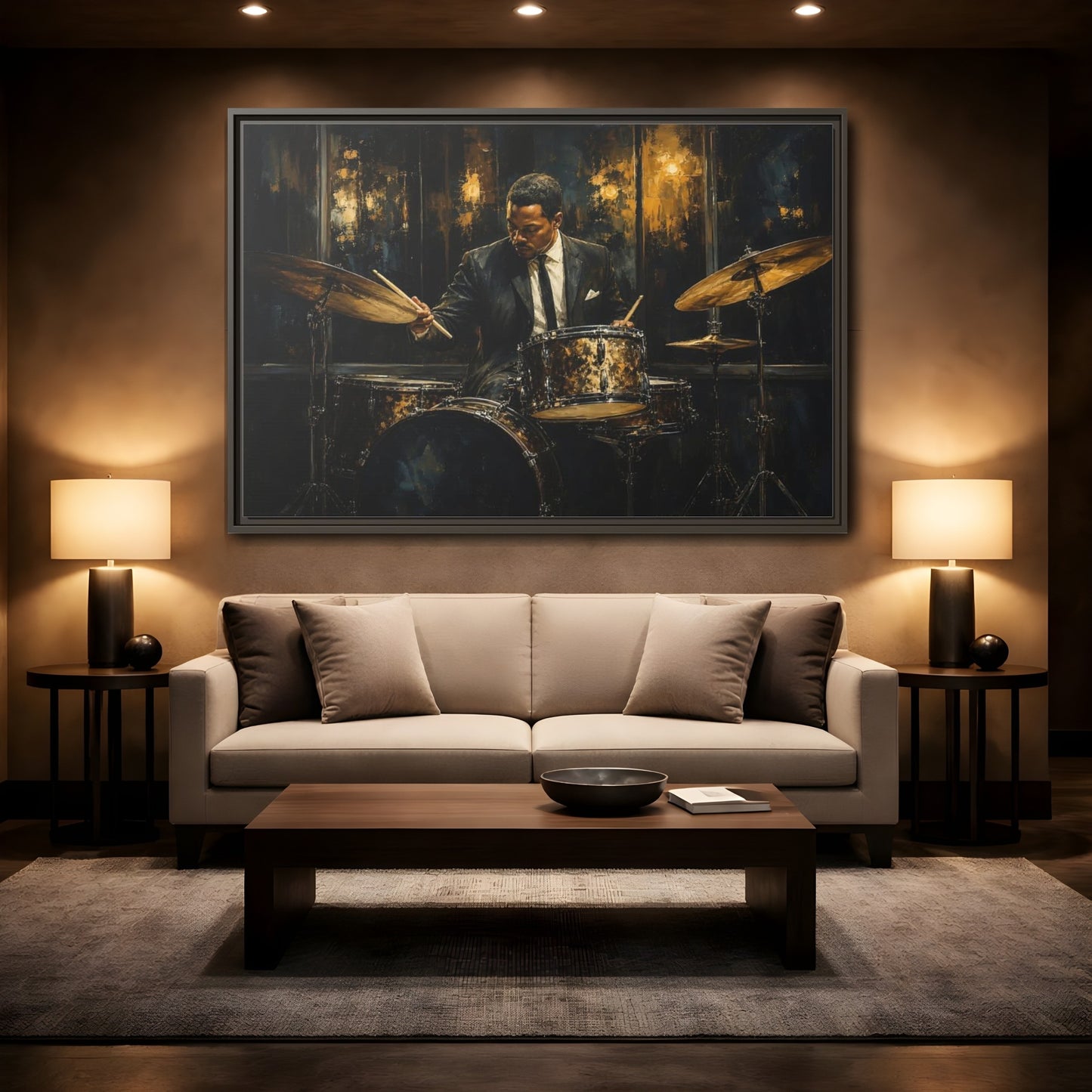 Mockup 2. Midnight Jazz Drummer shown as framed canvas print