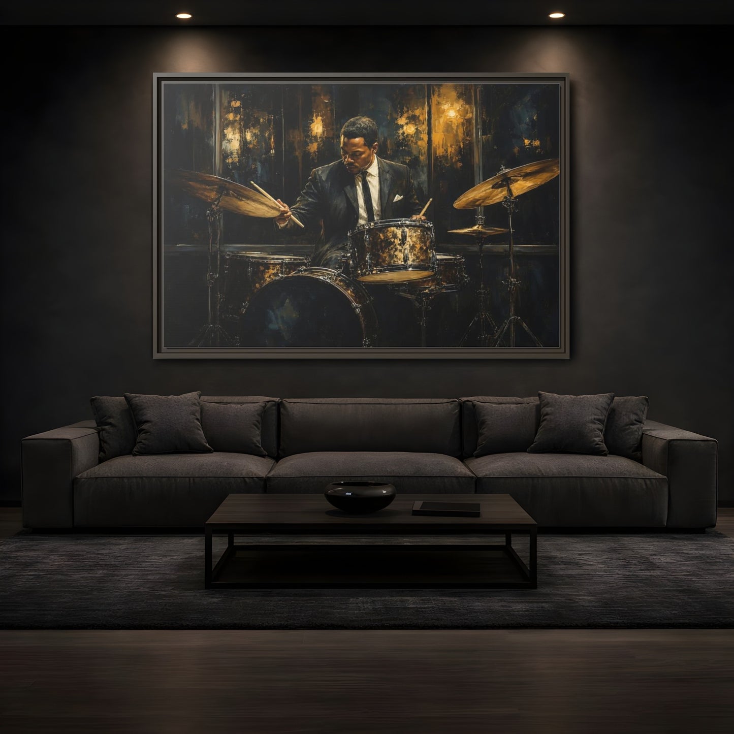 Mockup 3. Midnight Jazz Drummer shown as framed canvas print