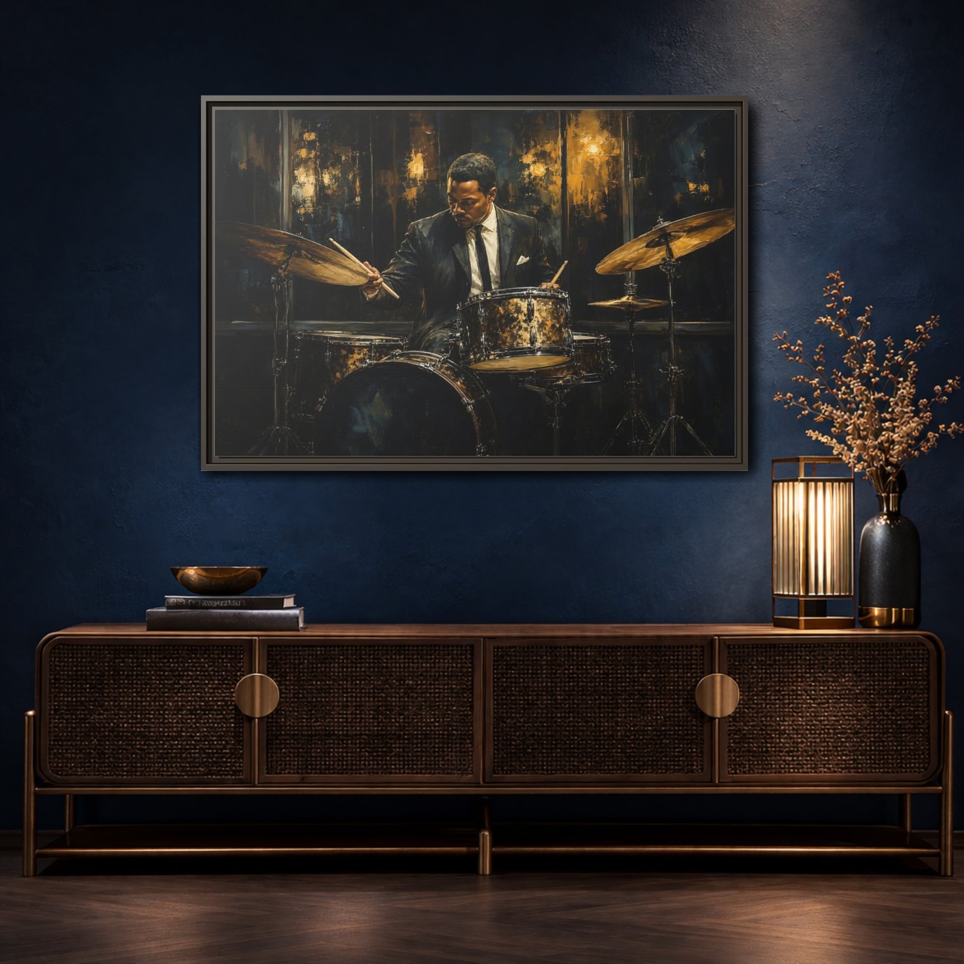 Mockup 4. Midnight Jazz Drummer shown as framed canvas print