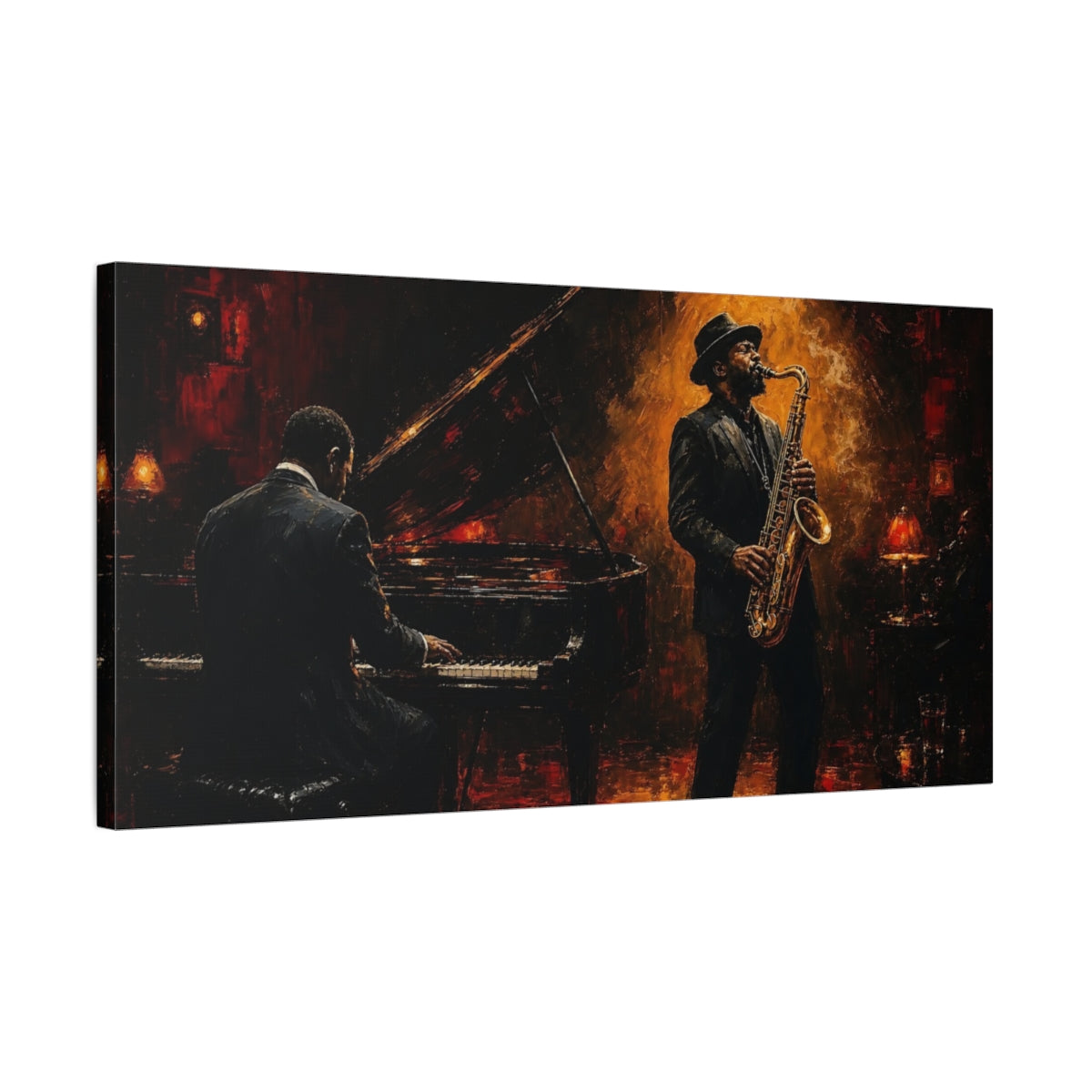 Side Mockup 1. Midnight Jazz Duo shown as canvas print