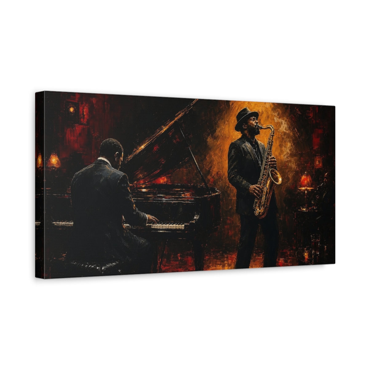 Side Mockup 3. Midnight Jazz Duo shown as canvas print