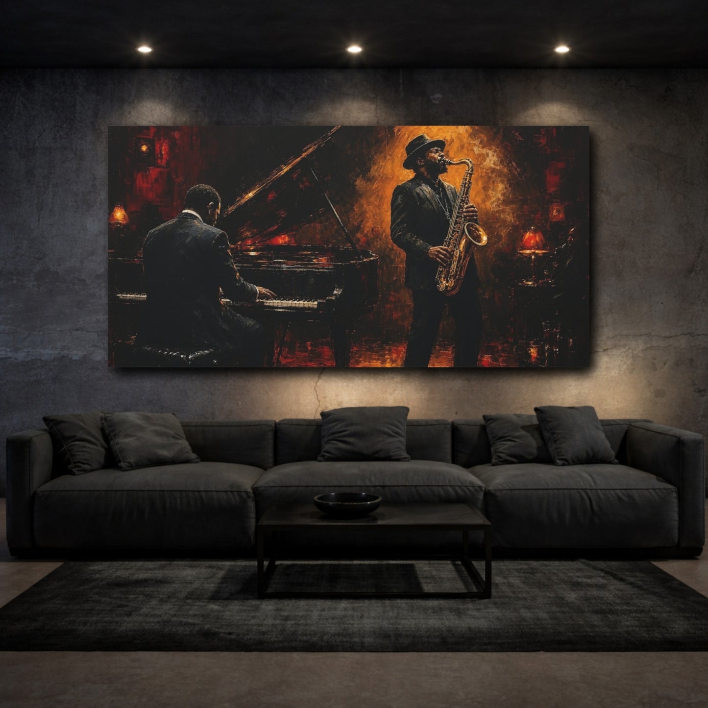 Mockup 3. Midnight Jazz Duo shown as canvas print