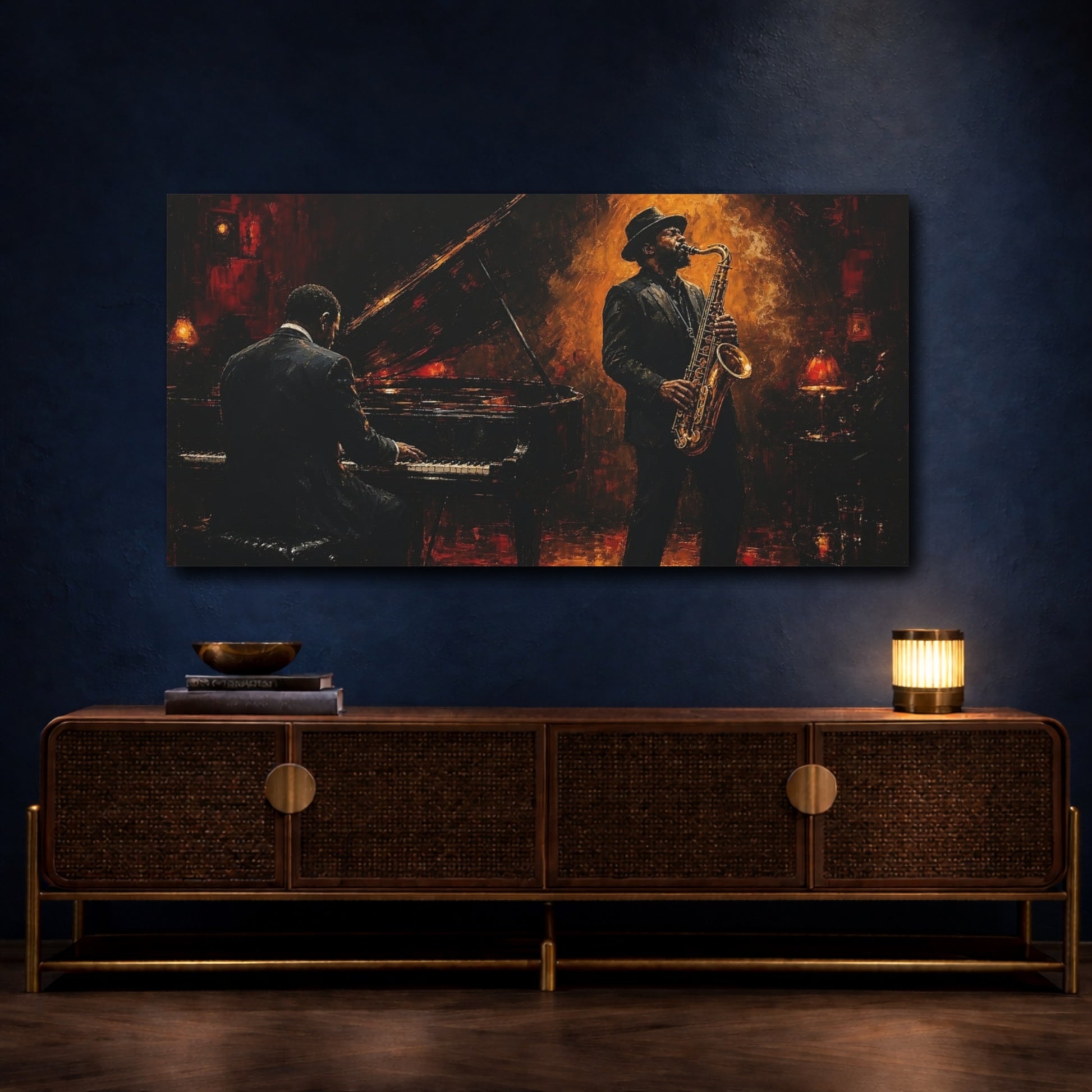 Mockup 4. Midnight Jazz Duo shown as canvas print