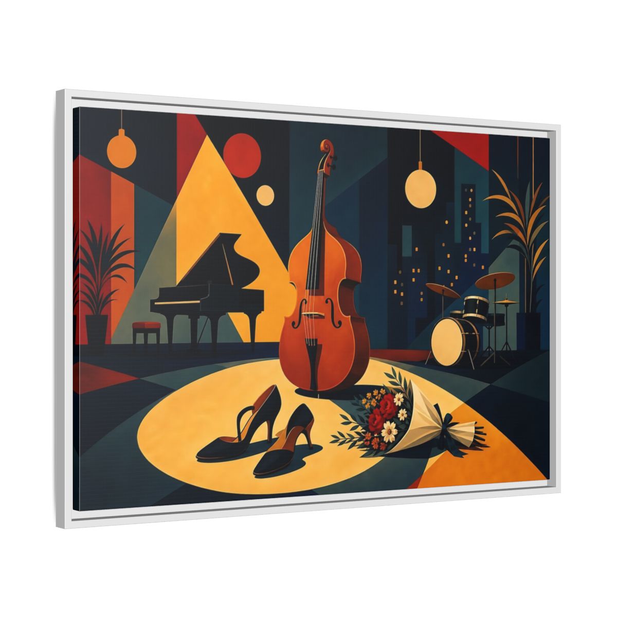 Side Mockup 9. Midnight Jazz Ensemble shown as framed canvas print