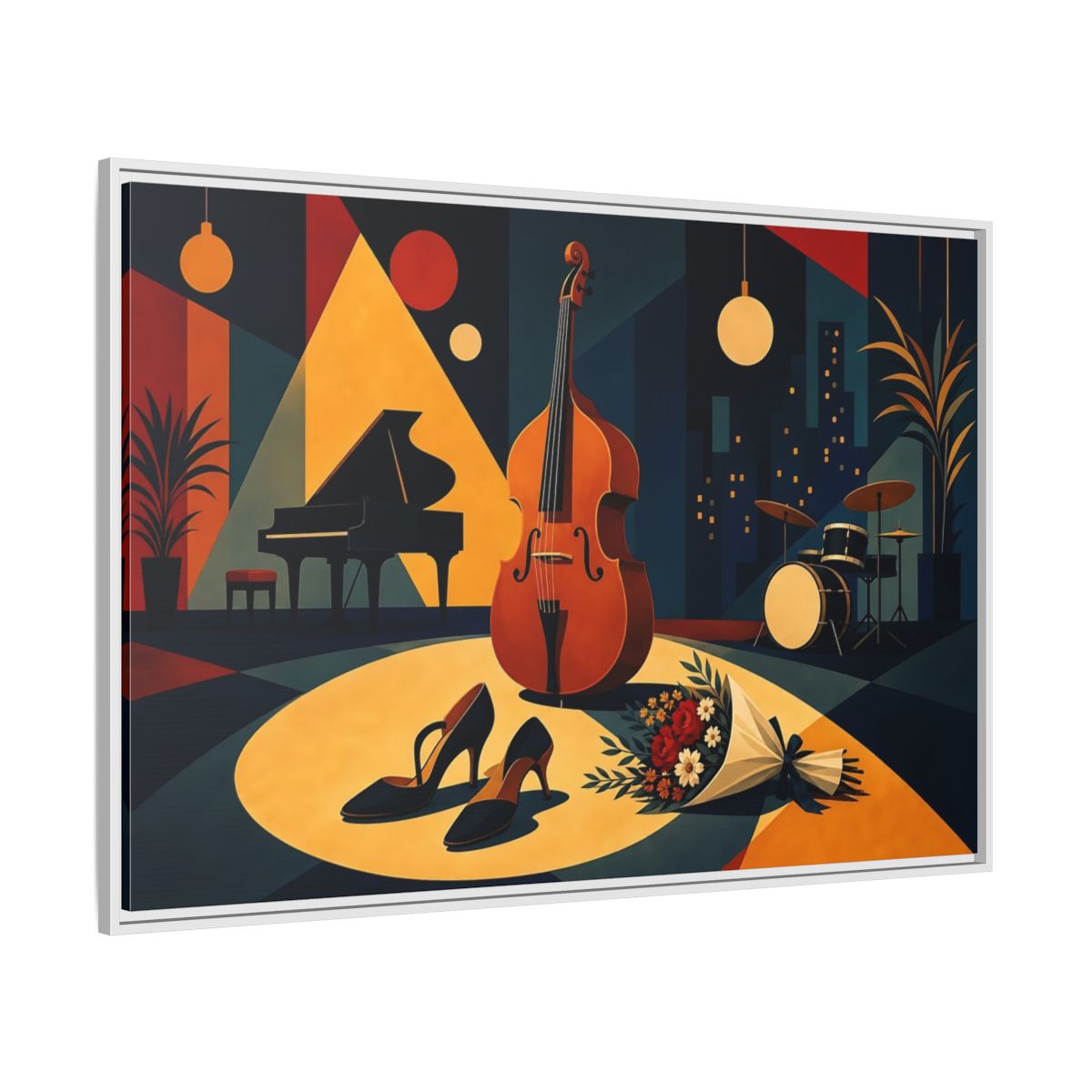 Side Mockup 7. Midnight Jazz Ensemble shown as framed canvas print
