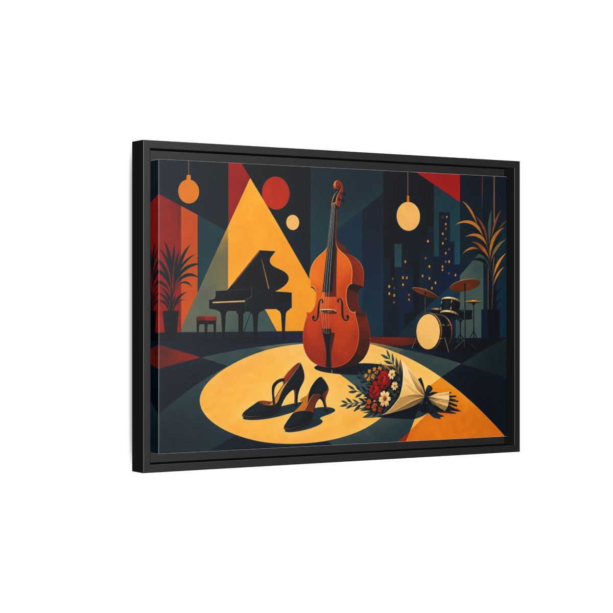 Side Mockup 3. Midnight Jazz Ensemble shown as framed canvas print