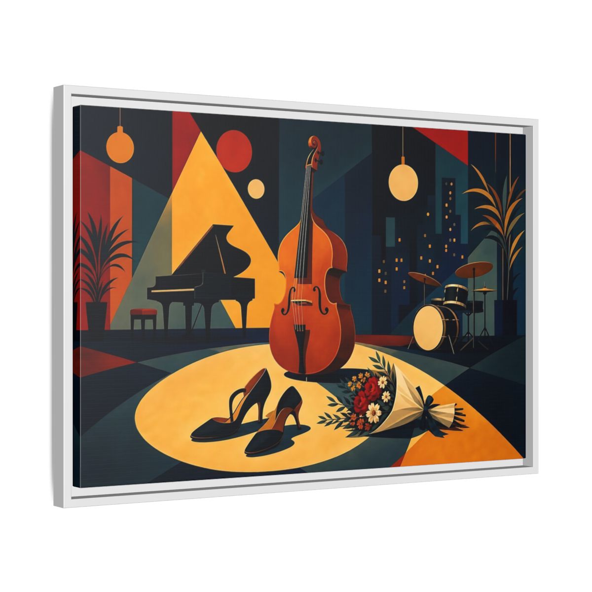 Side Mockup 10. Midnight Jazz Ensemble shown as framed canvas print