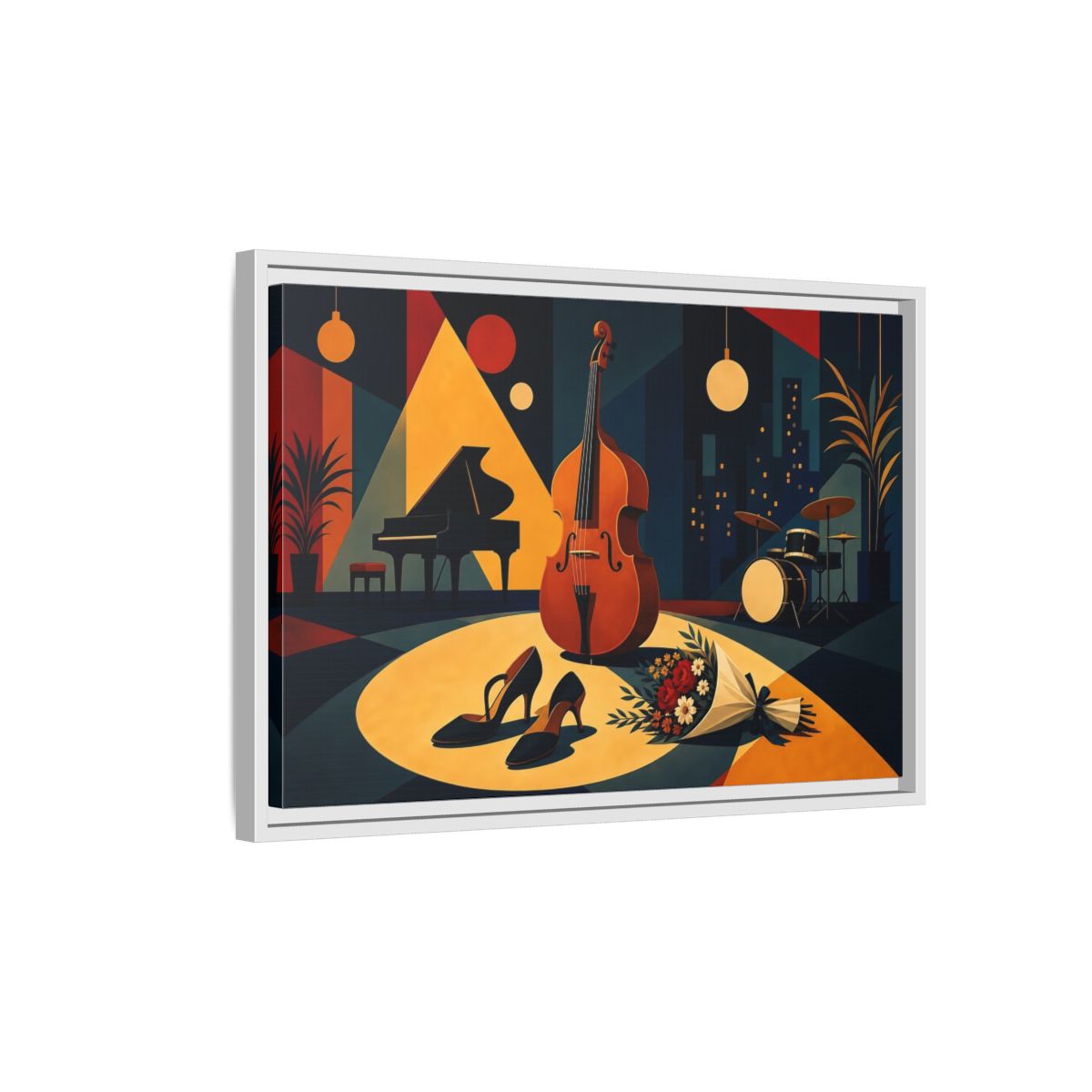 Side Mockup 1. Midnight Jazz Ensemble shown as framed canvas print
