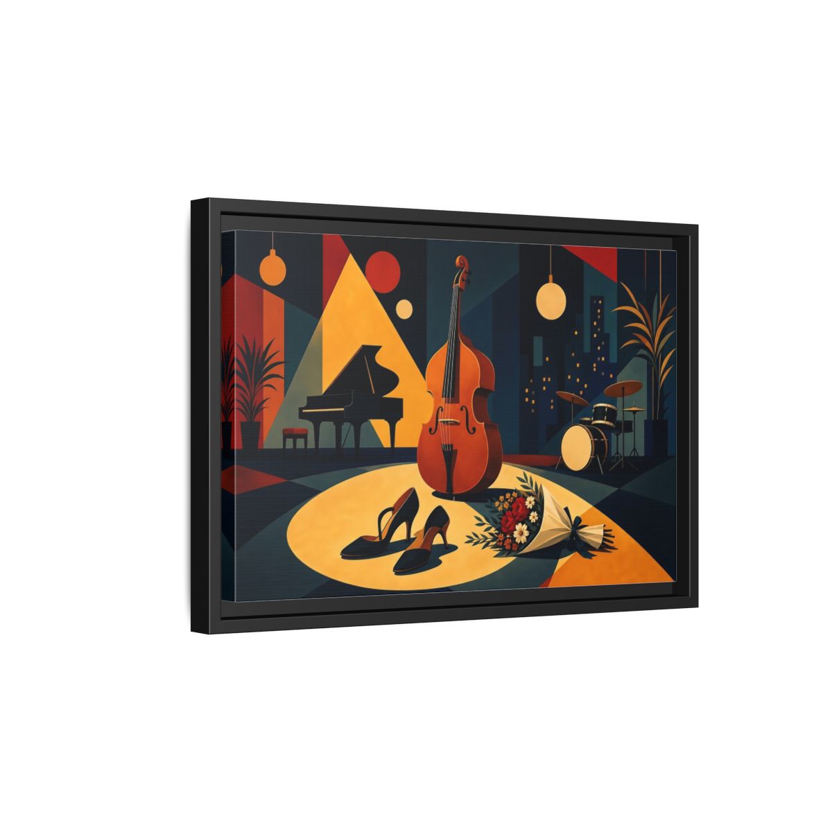 Side Mockup 6. Midnight Jazz Ensemble shown as framed canvas print