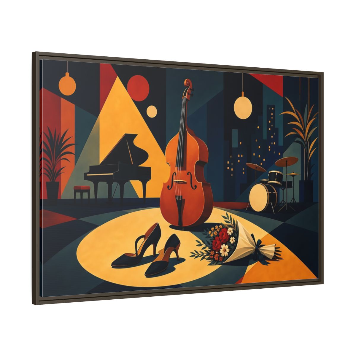 Side Mockup 8. Midnight Jazz Ensemble shown as framed canvas print