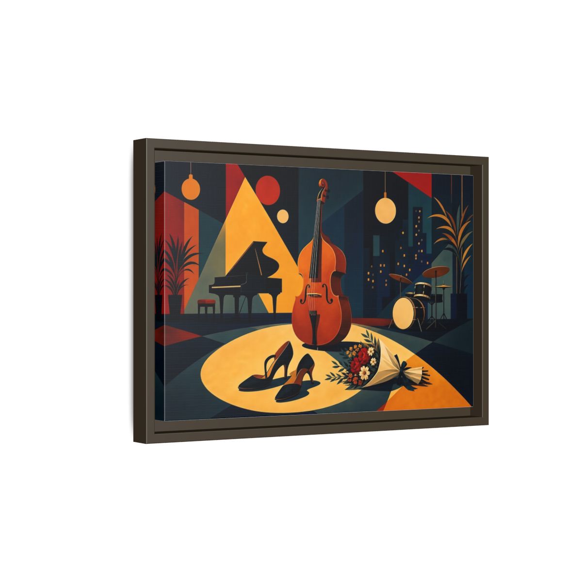 Side Mockup 5. Midnight Jazz Ensemble shown as framed canvas print