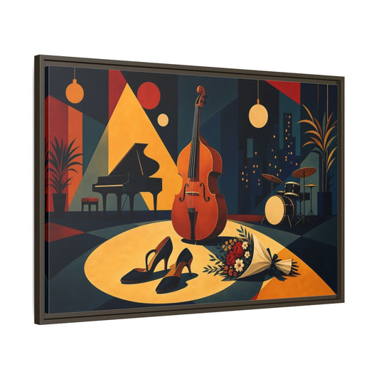 Main Mockup. Midnight Jazz Ensemble shown as framed canvas print