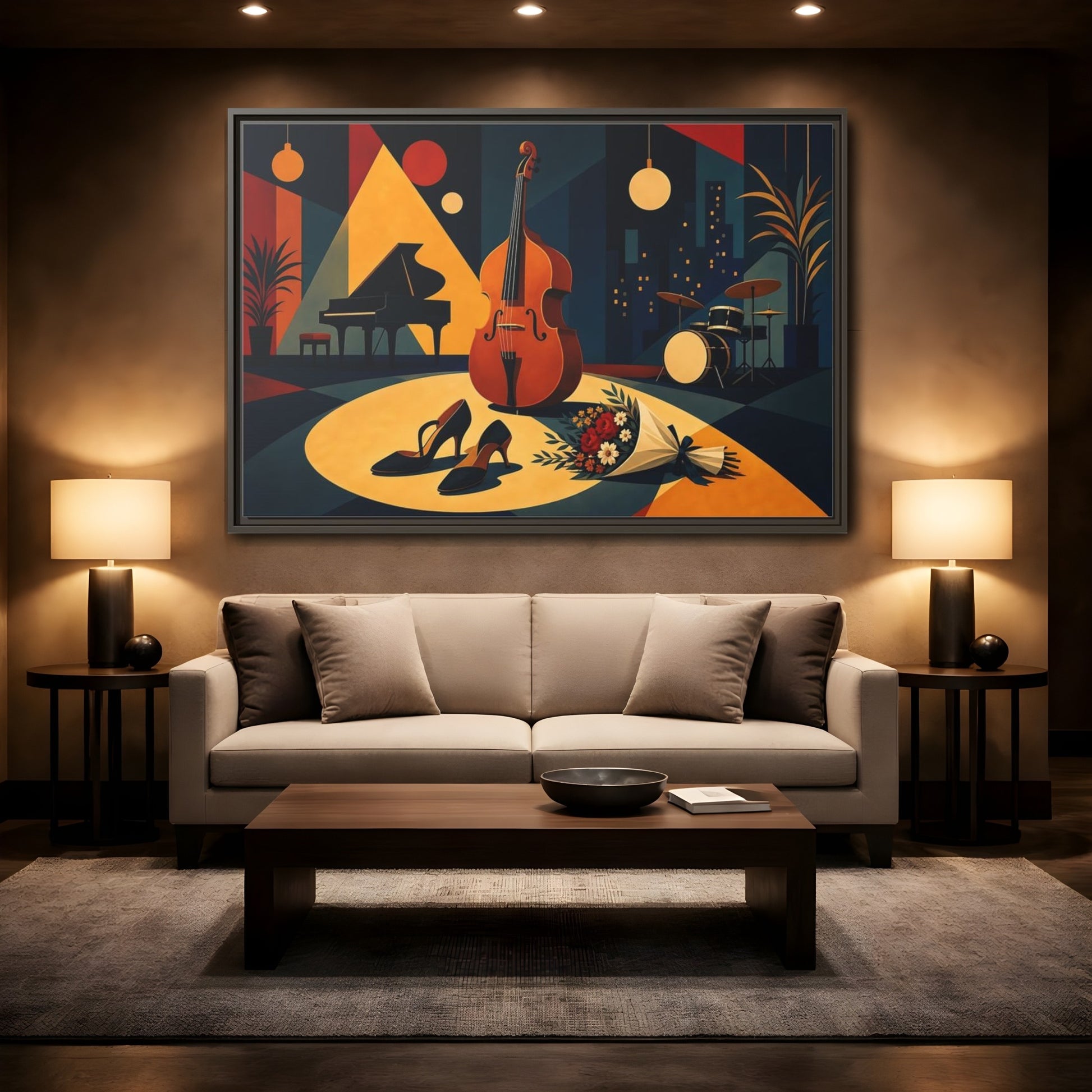 Mockup 2. Midnight Jazz Ensemble shown as framed canvas print