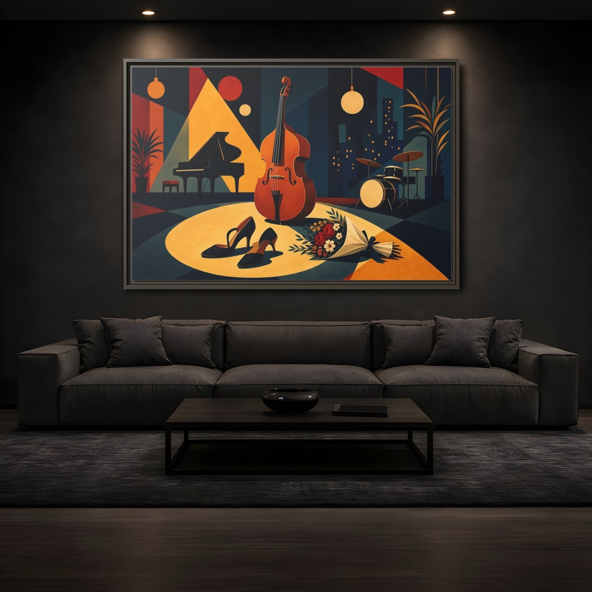 Mockup 3. Midnight Jazz Ensemble shown as framed canvas print