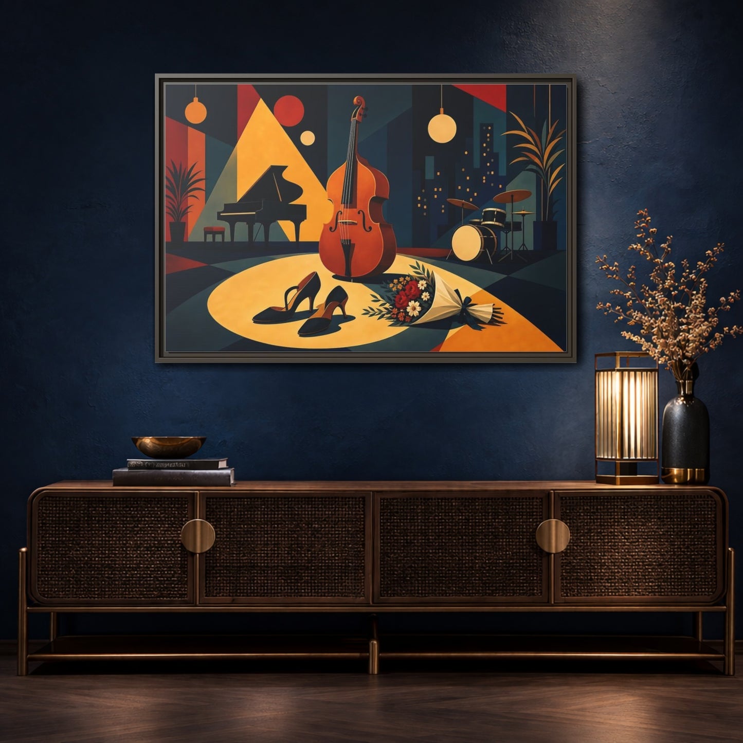 Mockup 4. Midnight Jazz Ensemble shown as framed canvas print