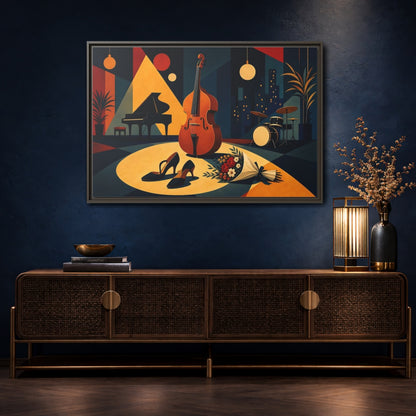 Mockup 4. Midnight Jazz Ensemble shown as framed canvas print