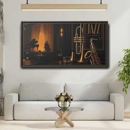 Mockup 2. Midnight Jazz Lounge shown as framed canvas print