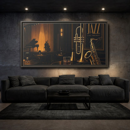 Mockup 3. Midnight Jazz Lounge shown as framed canvas print