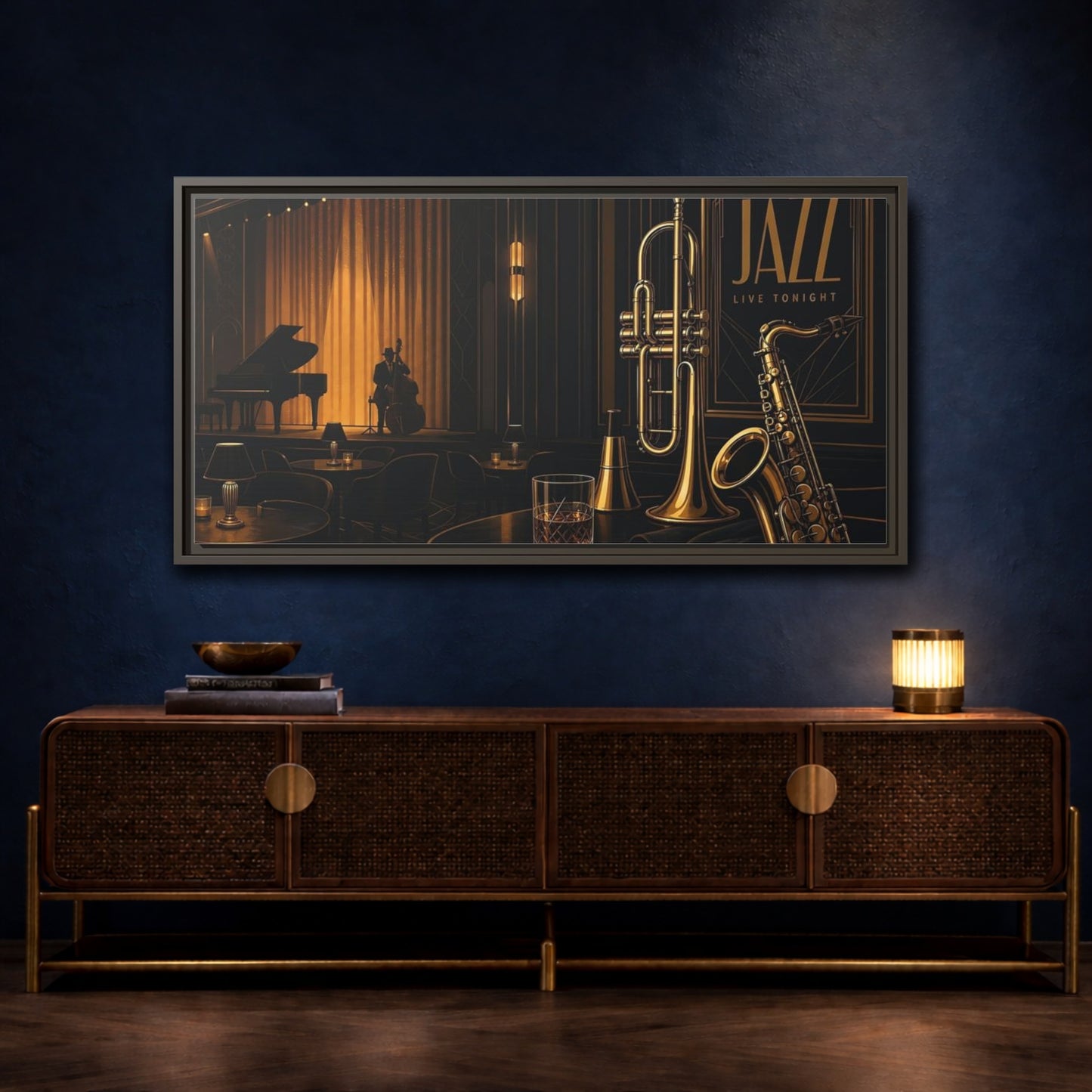 Mockup 4. Midnight Jazz Lounge shown as framed canvas print
