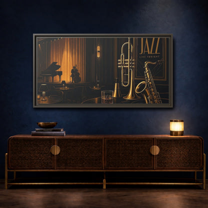 Mockup 4. Midnight Jazz Lounge shown as framed canvas print