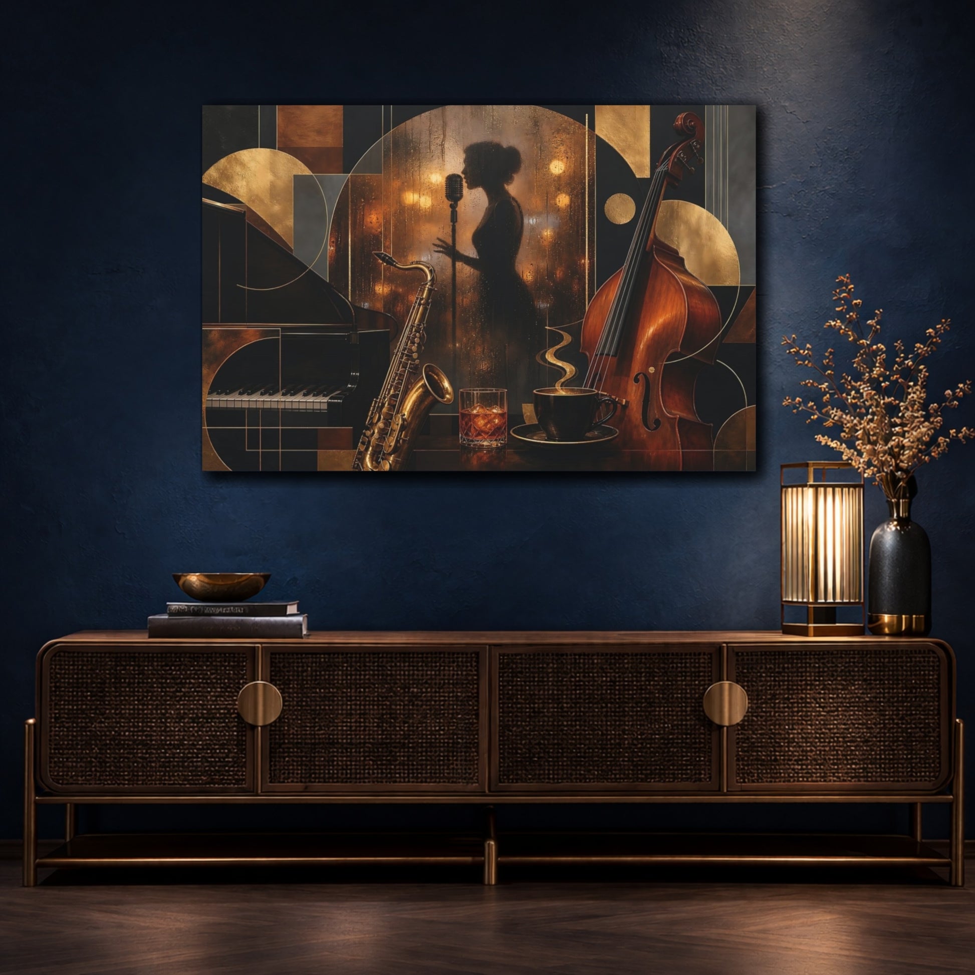 Mockup 4. Midnight Jazz Lounge shown as canvas print
