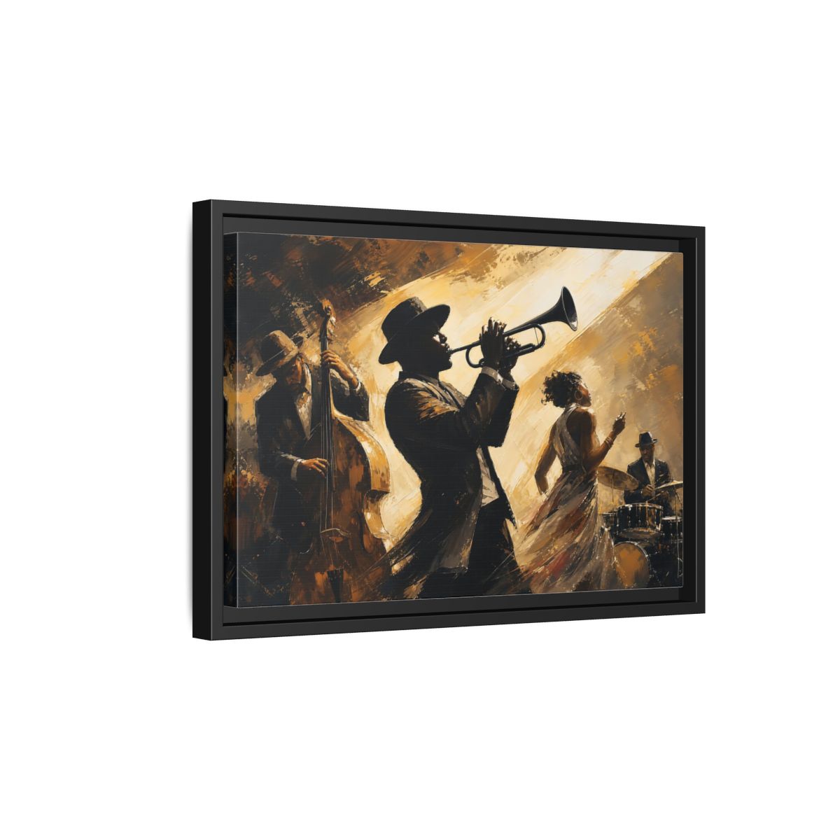 Side Mockup 6. Midnight Jazz Quartet shown as framed canvas print