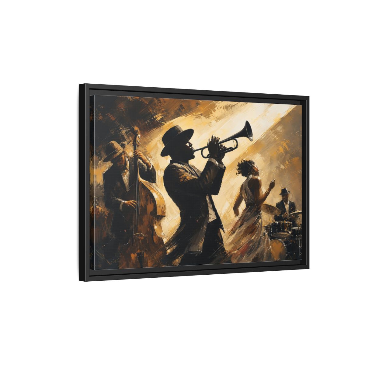 Side Mockup 3. Midnight Jazz Quartet shown as framed canvas print