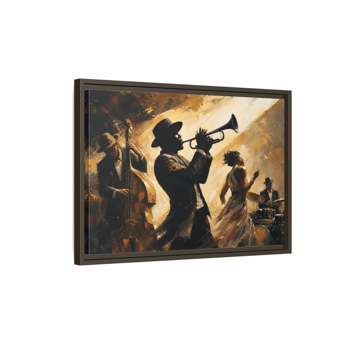 Side Mockup 2. Midnight Jazz Quartet shown as framed canvas print