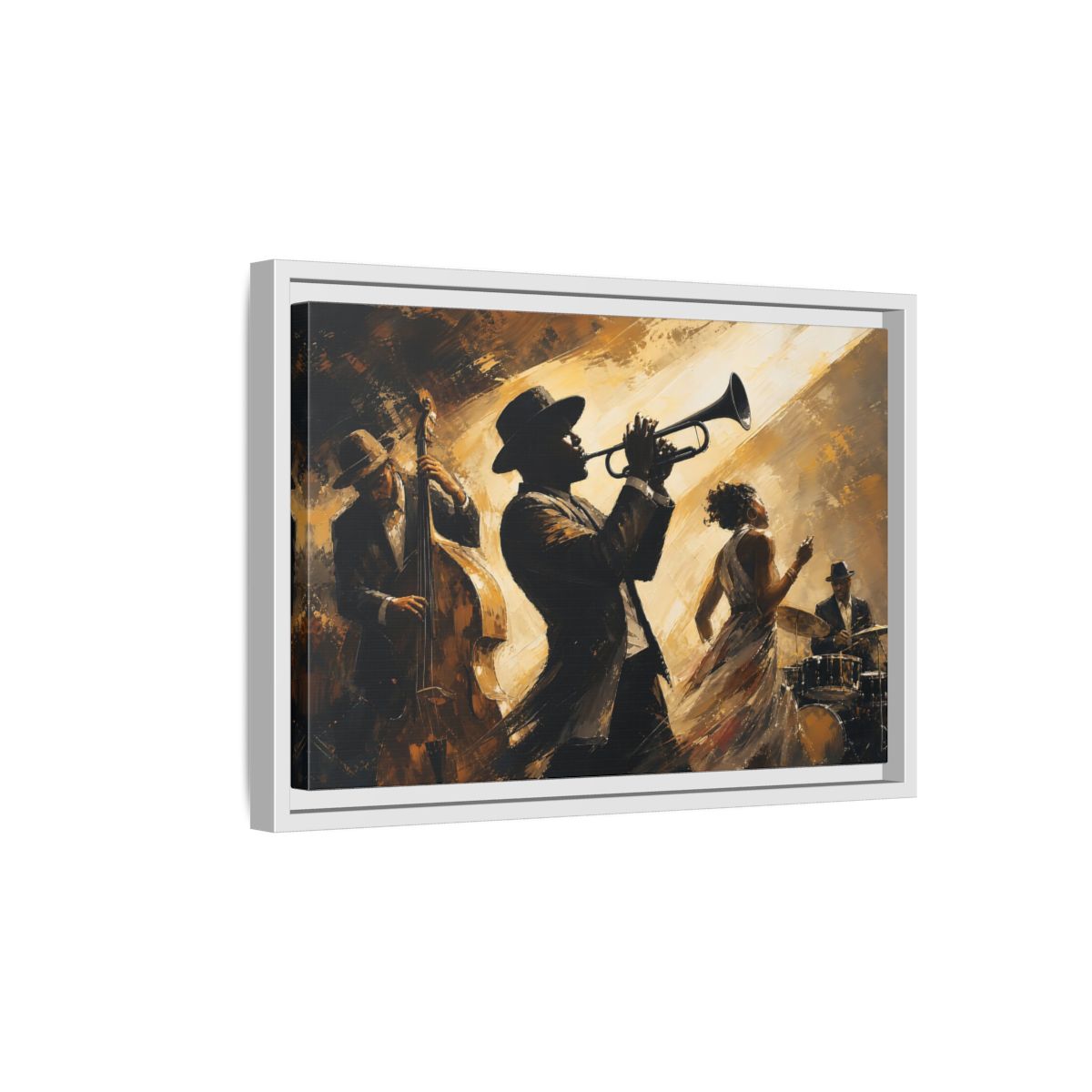 Side Mockup 4. Midnight Jazz Quartet shown as framed canvas print