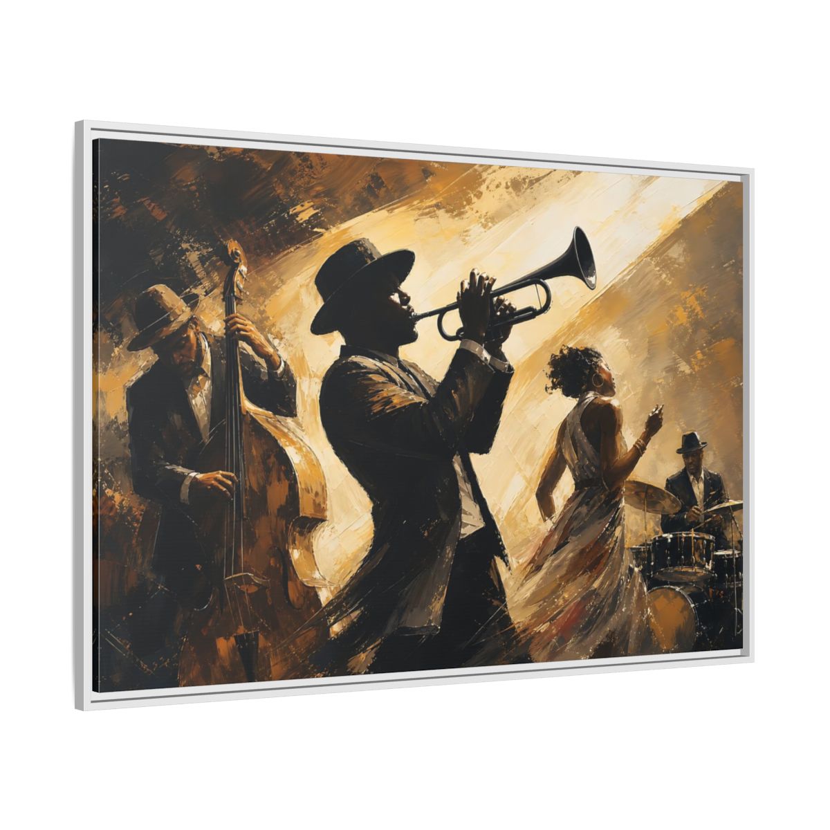 Side Mockup 7. Midnight Jazz Quartet shown as framed canvas print