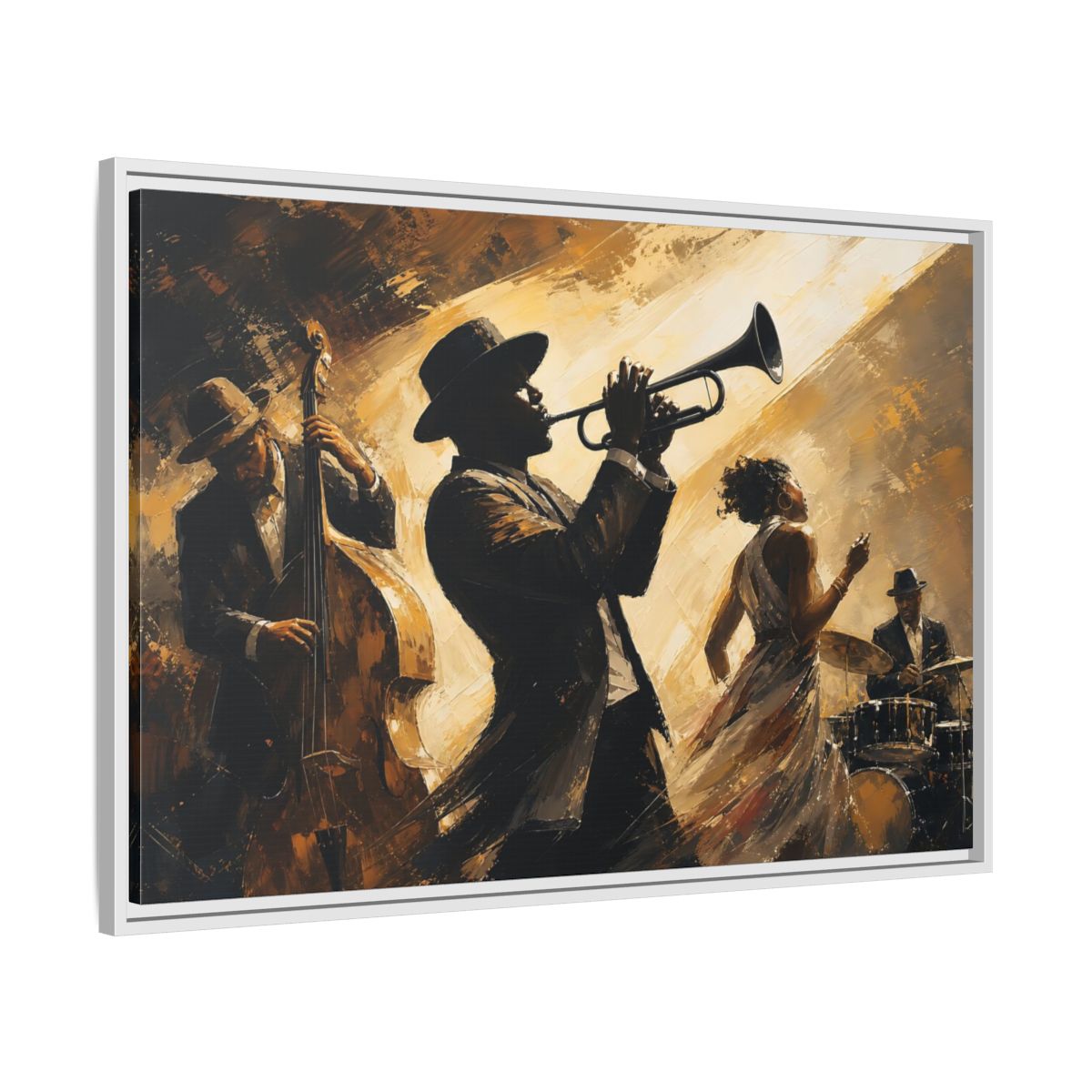 Side Mockup 9. Midnight Jazz Quartet shown as framed canvas print
