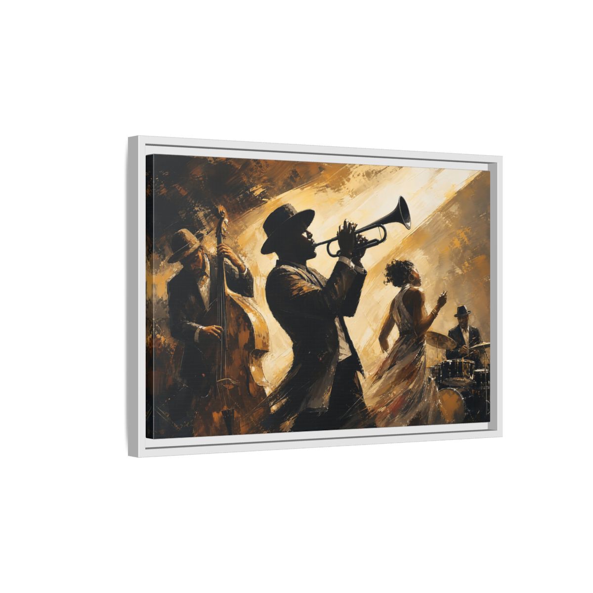 Side Mockup 1. Midnight Jazz Quartet shown as framed canvas print