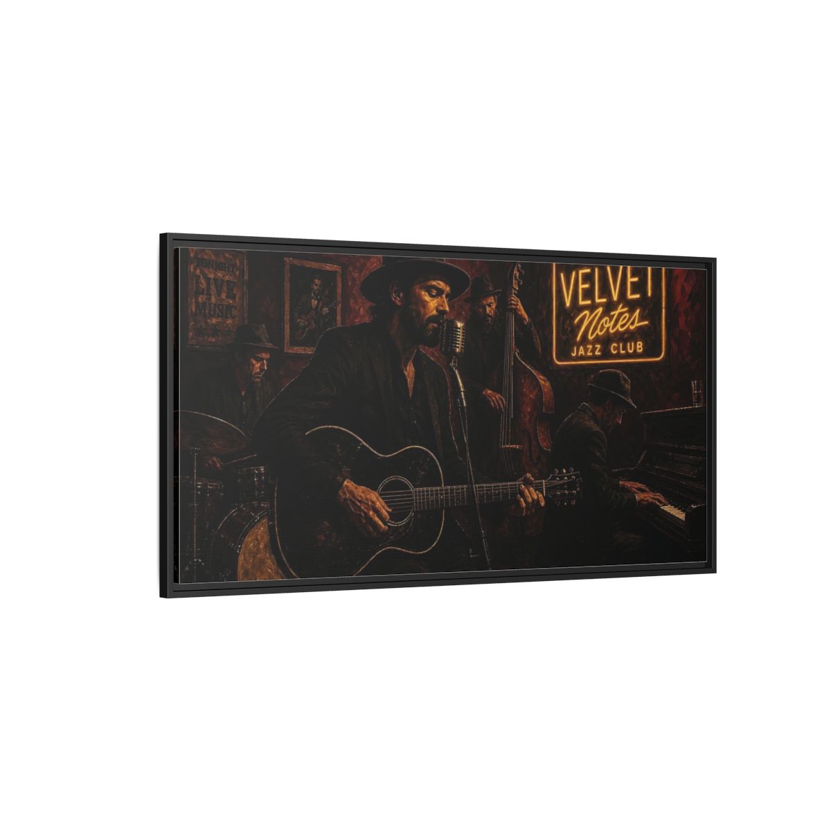 Side Mockup 5. Midnight Jazz Quartet shown as framed canvas print