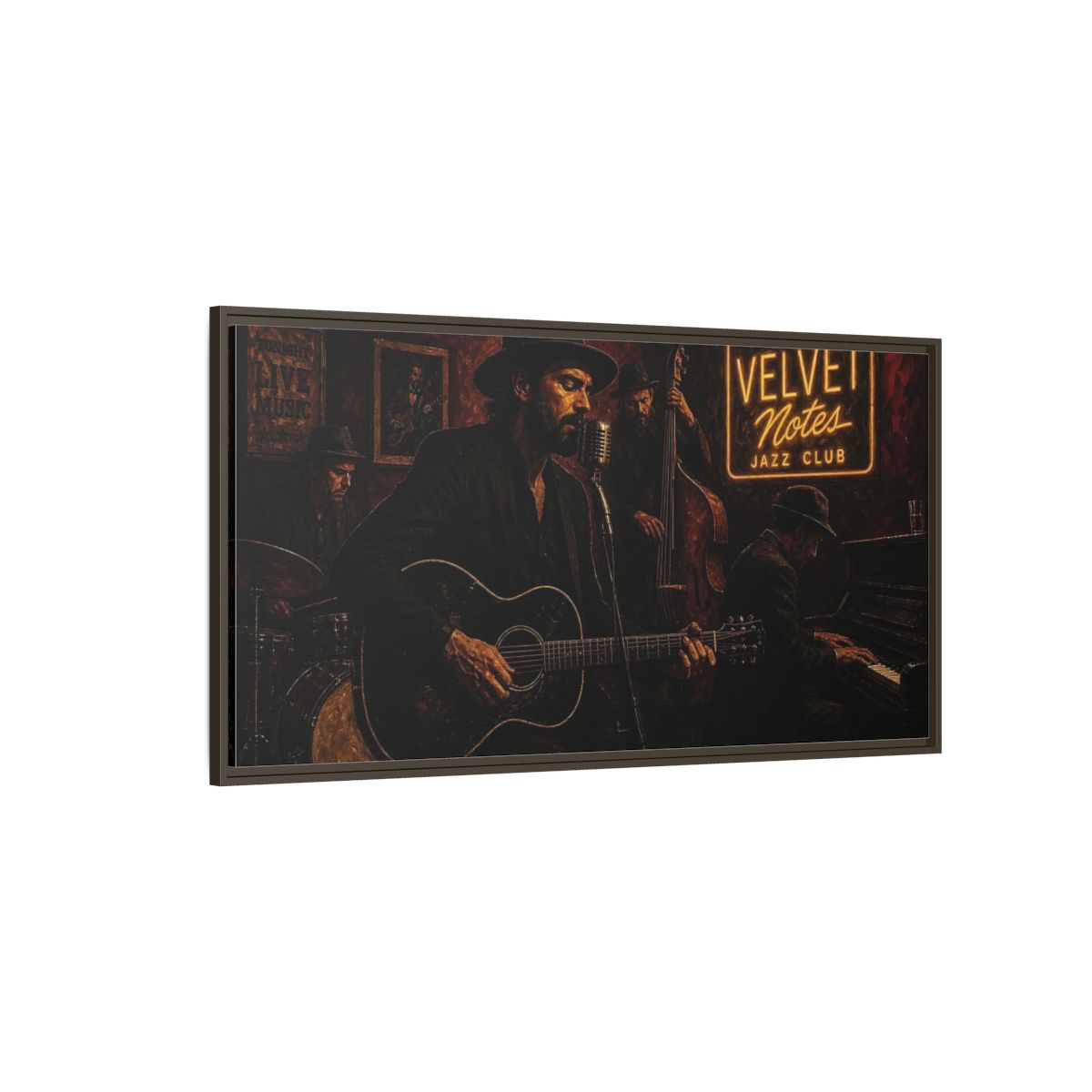 Side Mockup 4. Midnight Jazz Quartet shown as framed canvas print