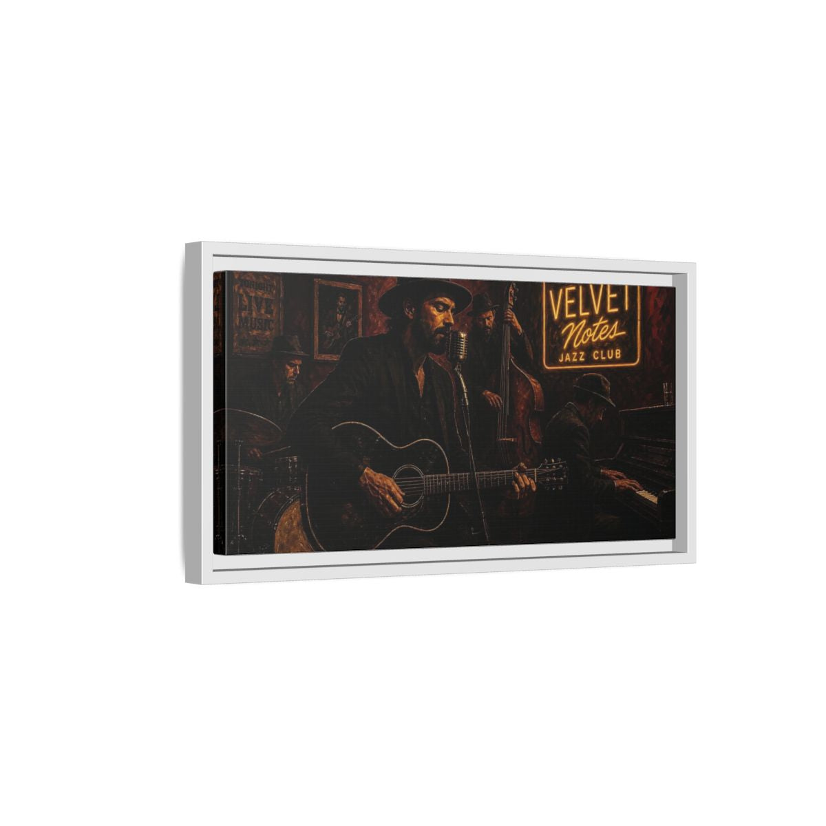 Side Mockup 6. Midnight Jazz Quartet shown as framed canvas print