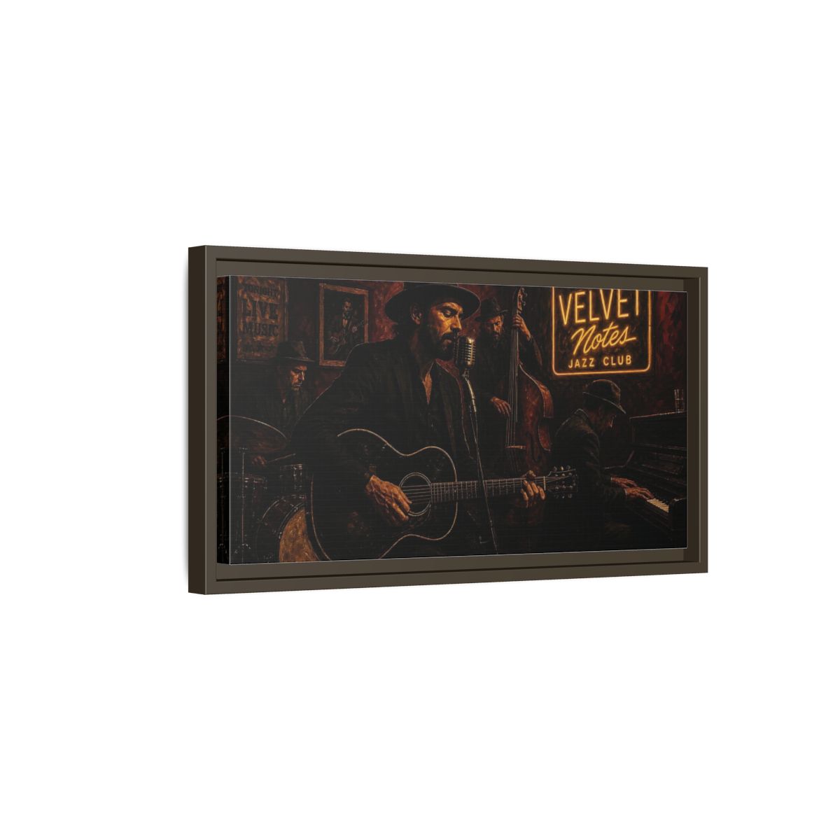 Side Mockup 7. Midnight Jazz Quartet shown as framed canvas print