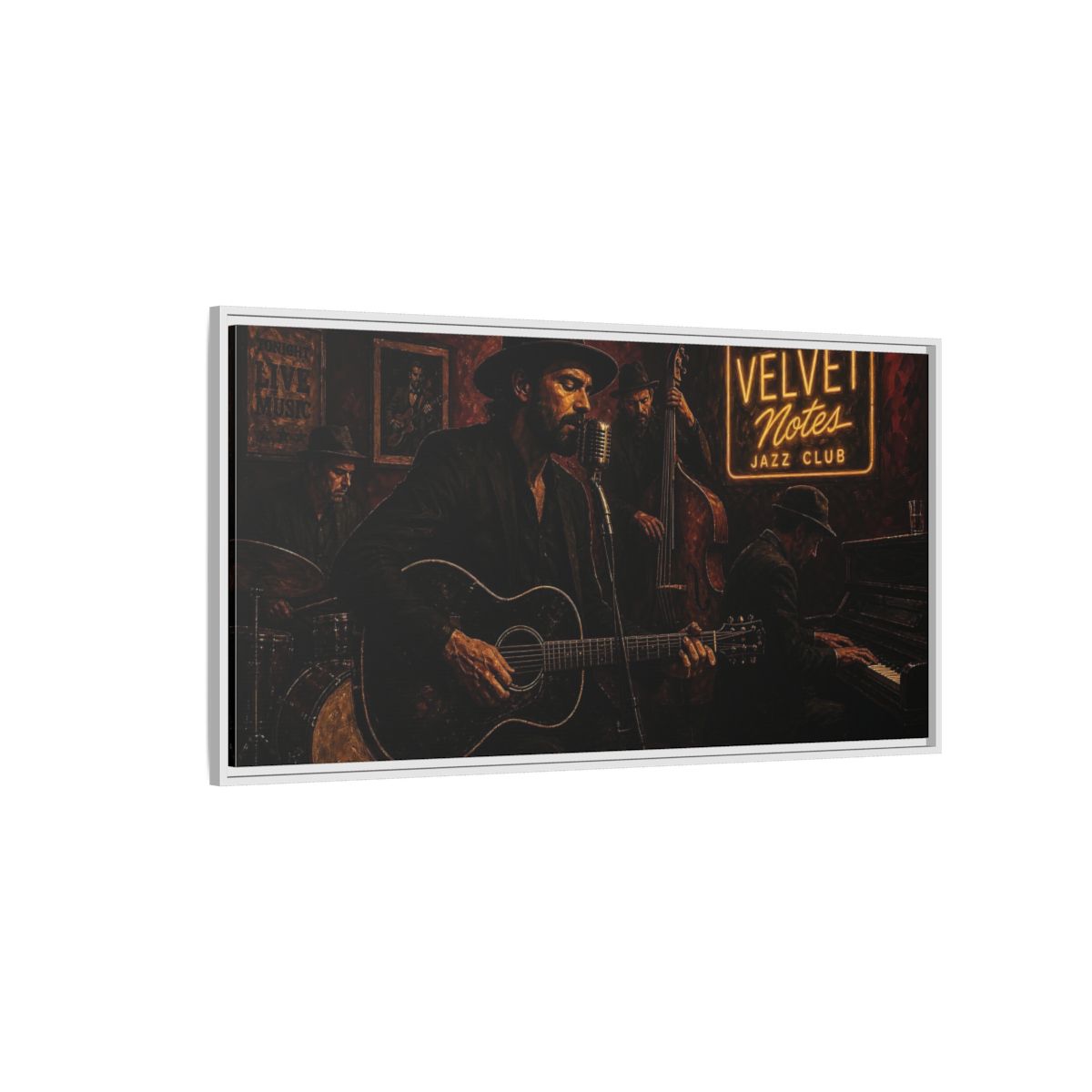 Side Mockup 3. Midnight Jazz Quartet shown as framed canvas print