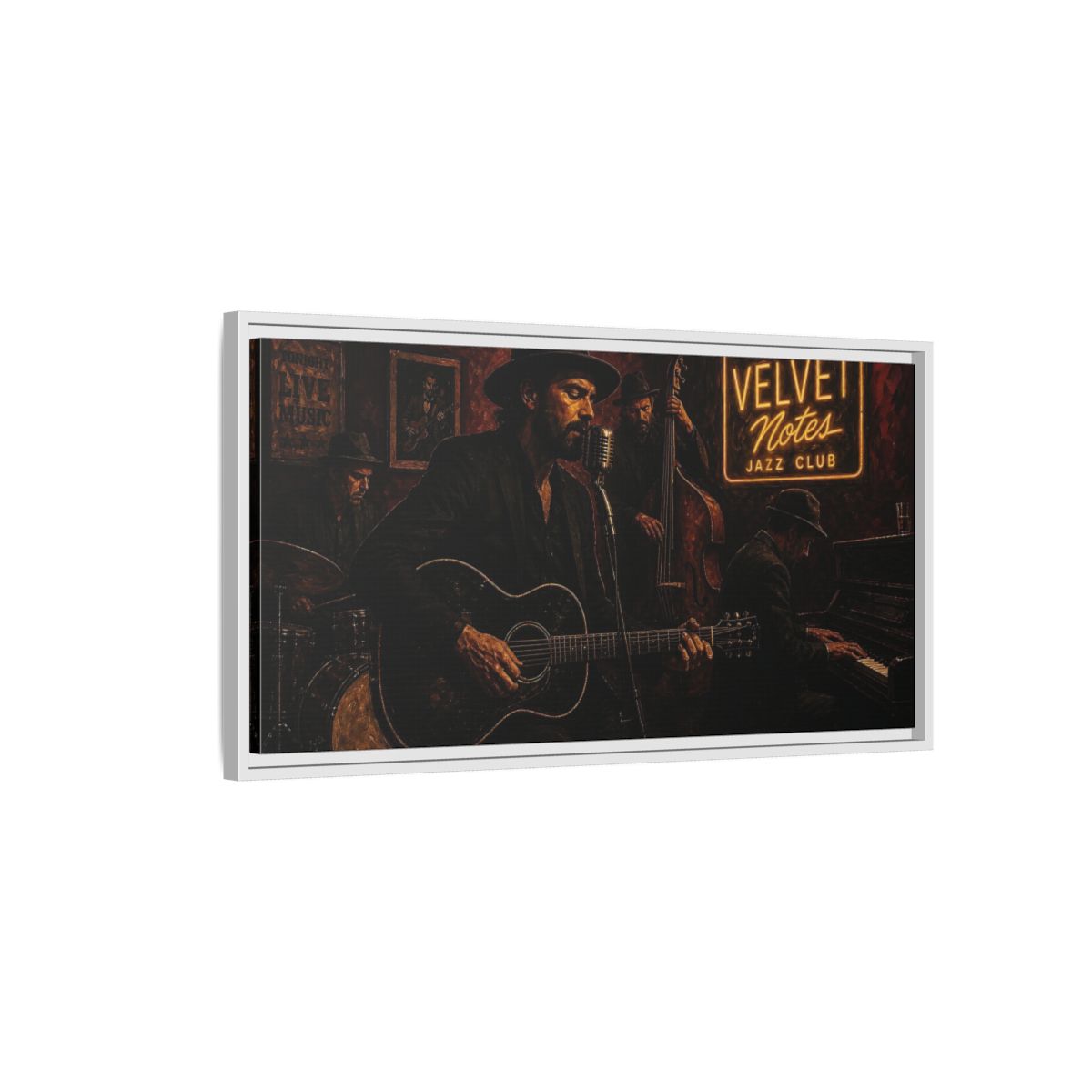 Side Mockup 1. Midnight Jazz Quartet shown as framed canvas print