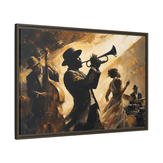Main Mockup. Midnight Jazz Quartet shown as framed canvas print