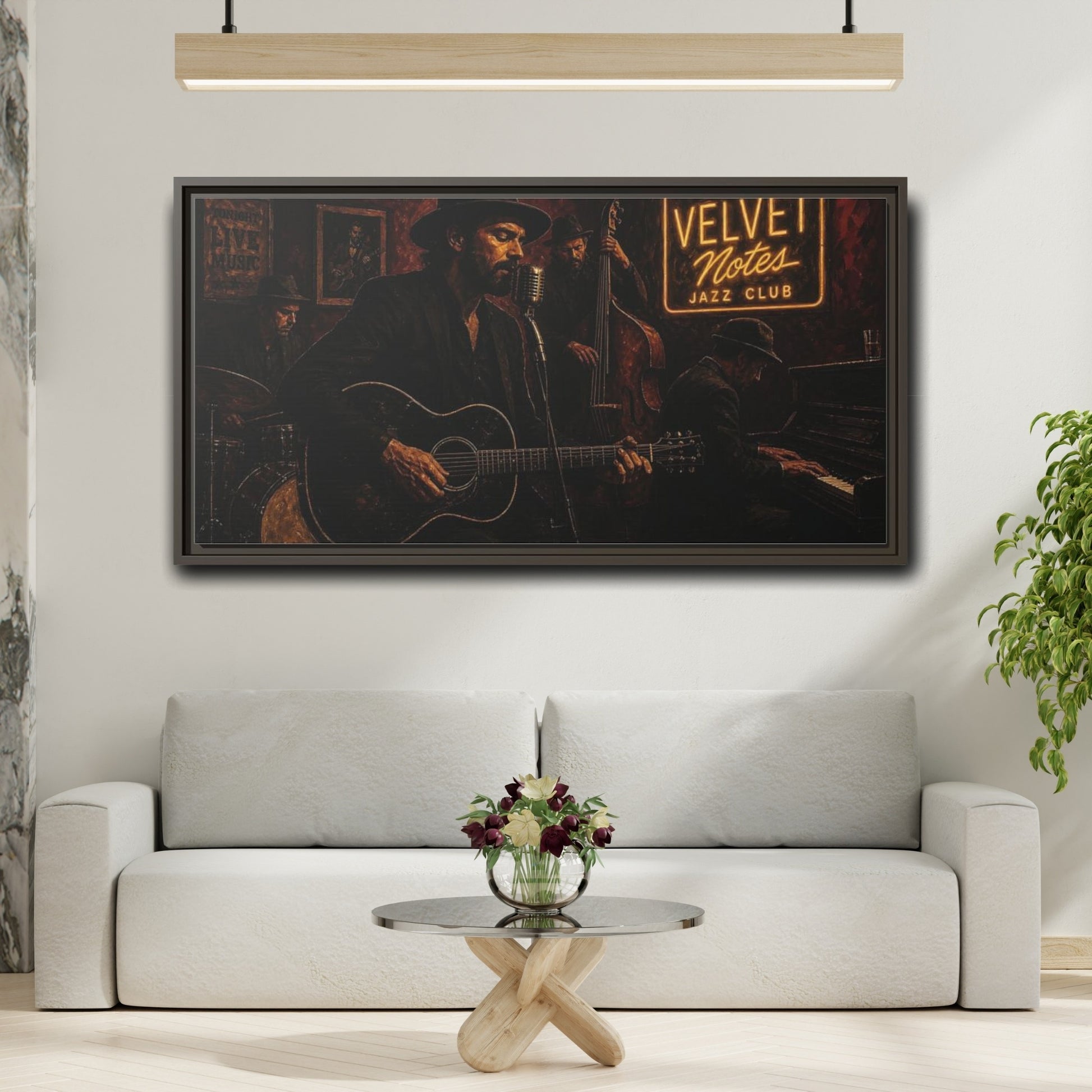 Mockup 2. Midnight Jazz Quartet shown as framed canvas print