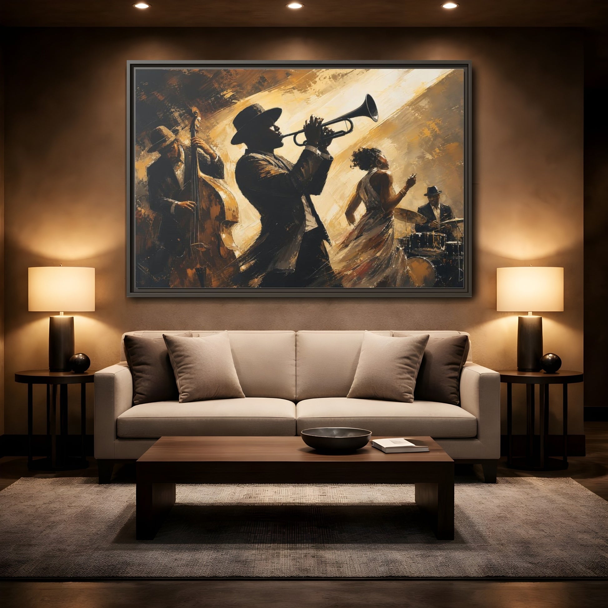 Mockup 2. Midnight Jazz Quartet shown as framed canvas print
