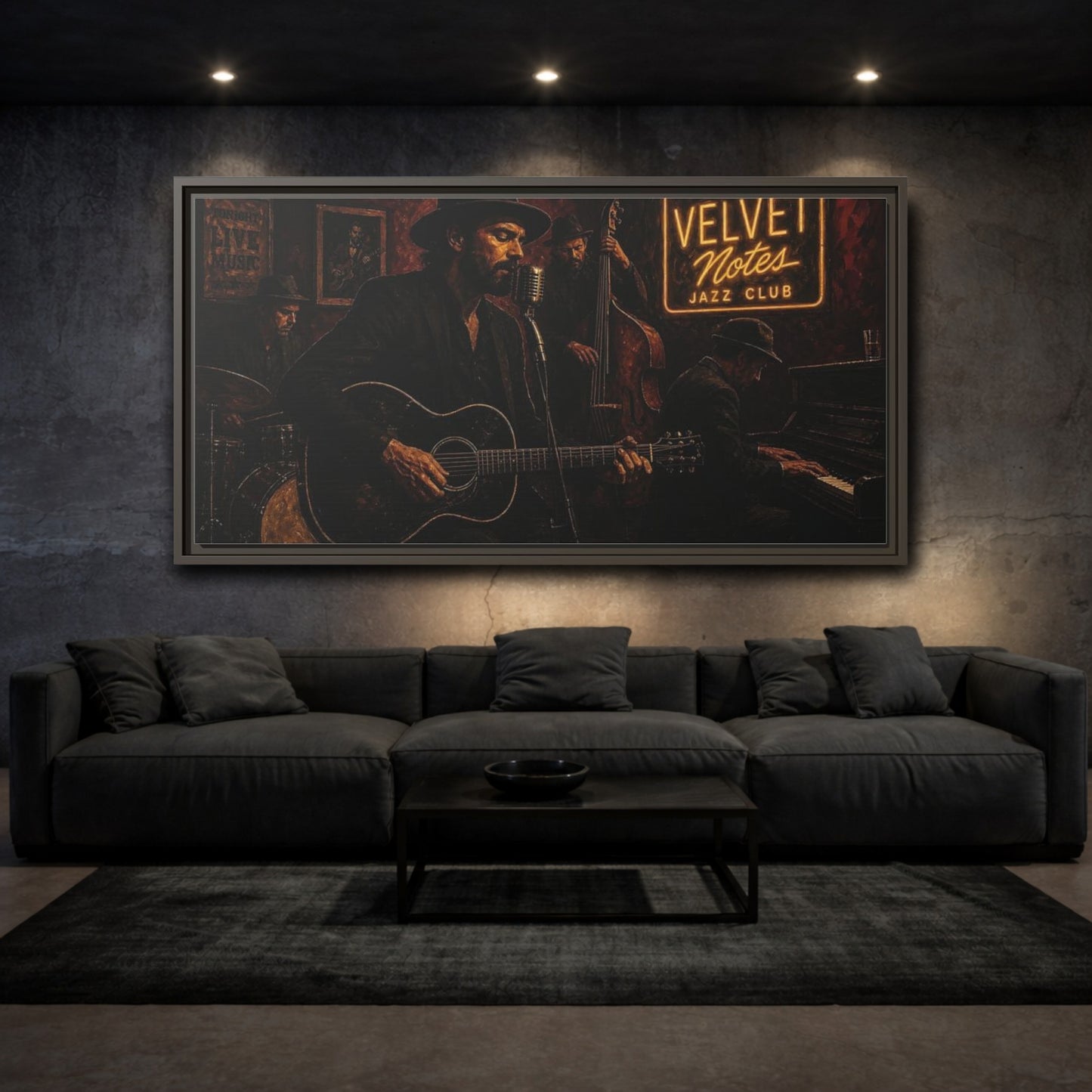 Mockup 3. Midnight Jazz Quartet shown as framed canvas print
