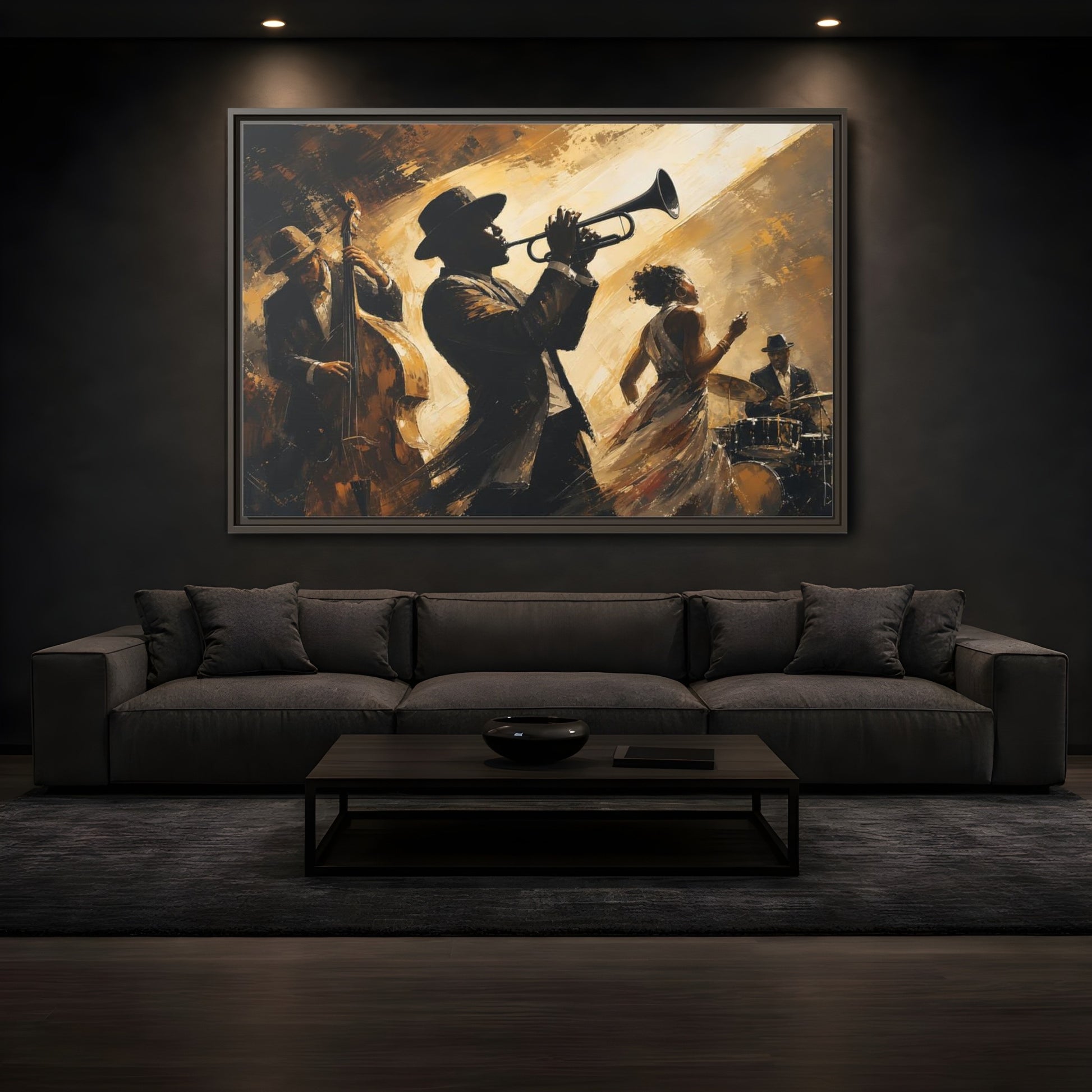 Mockup 3. Midnight Jazz Quartet shown as framed canvas print