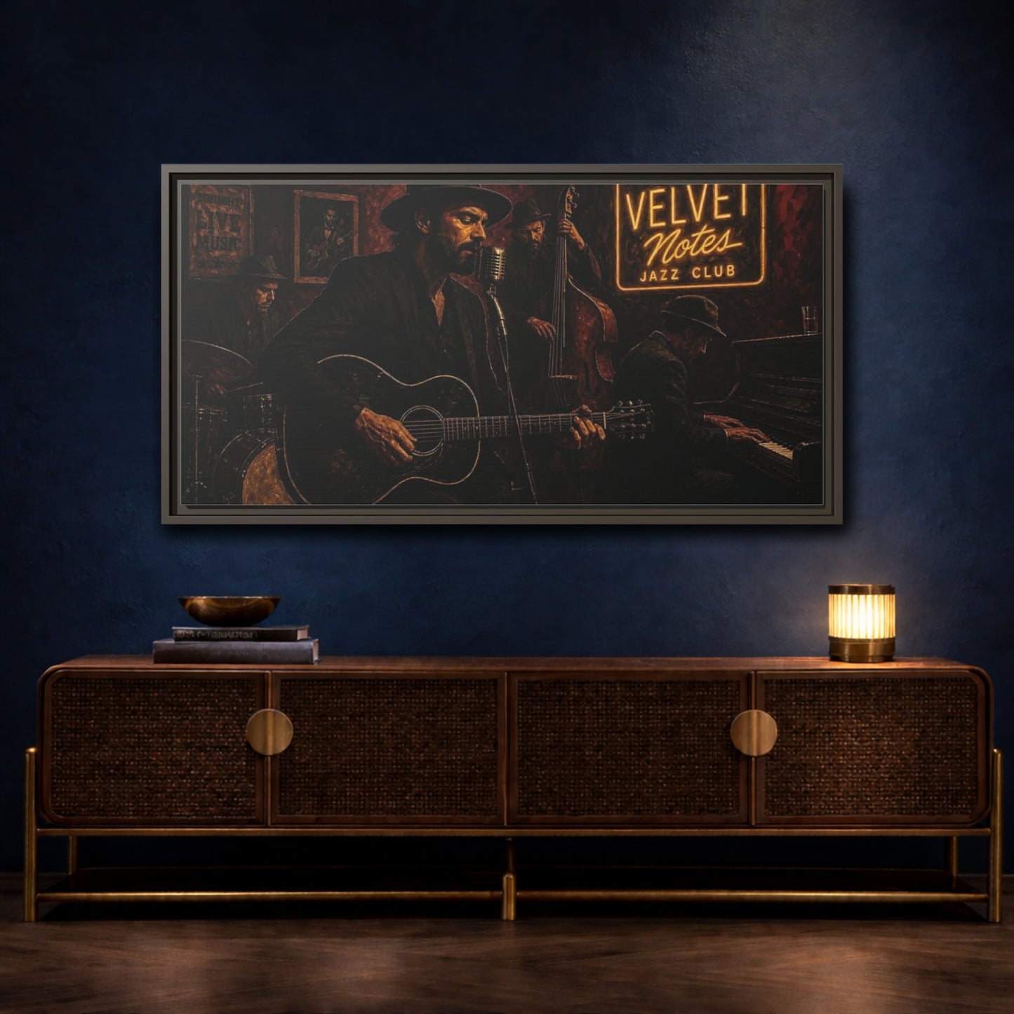 Mockup 4. Midnight Jazz Quartet shown as framed canvas print
