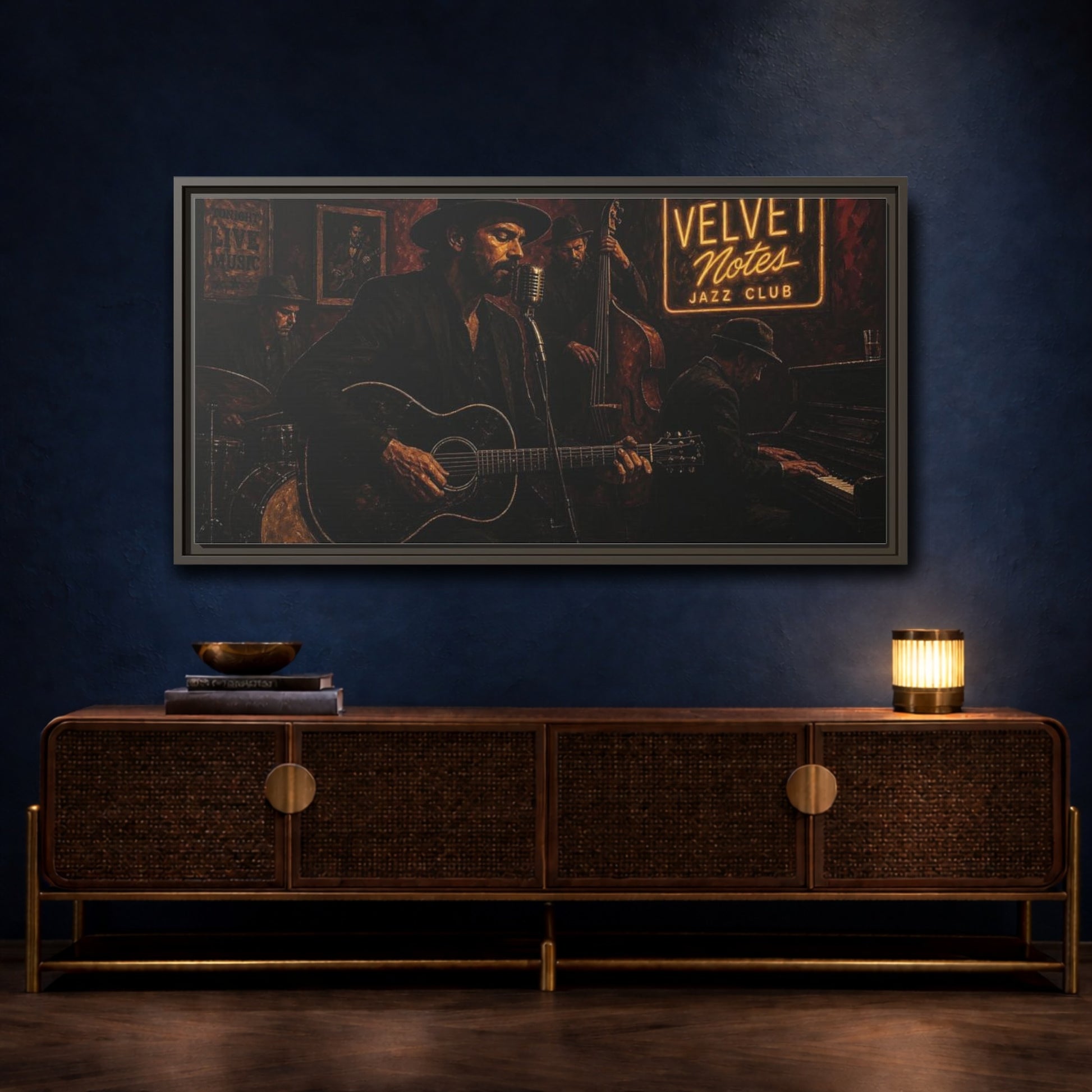 Mockup 4. Midnight Jazz Quartet shown as framed canvas print
