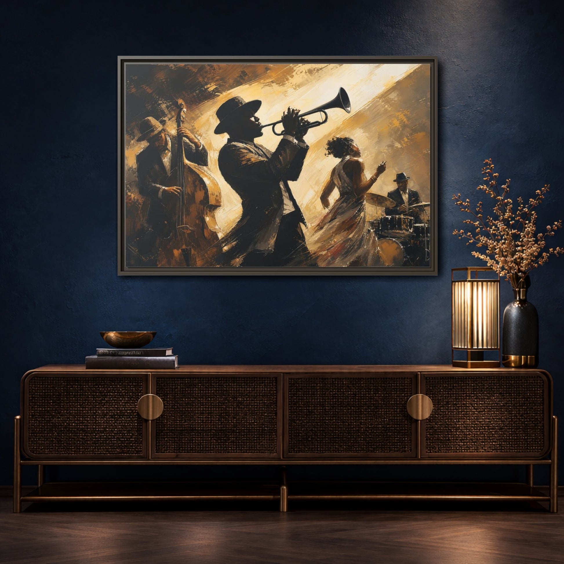 Mockup 4. Midnight Jazz Quartet shown as framed canvas print